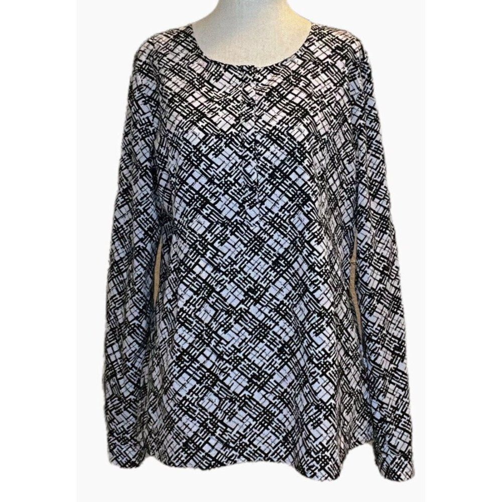 Van Heusen Tunic Top Blouse Women's M Black White Print Long Sleeve Polyester